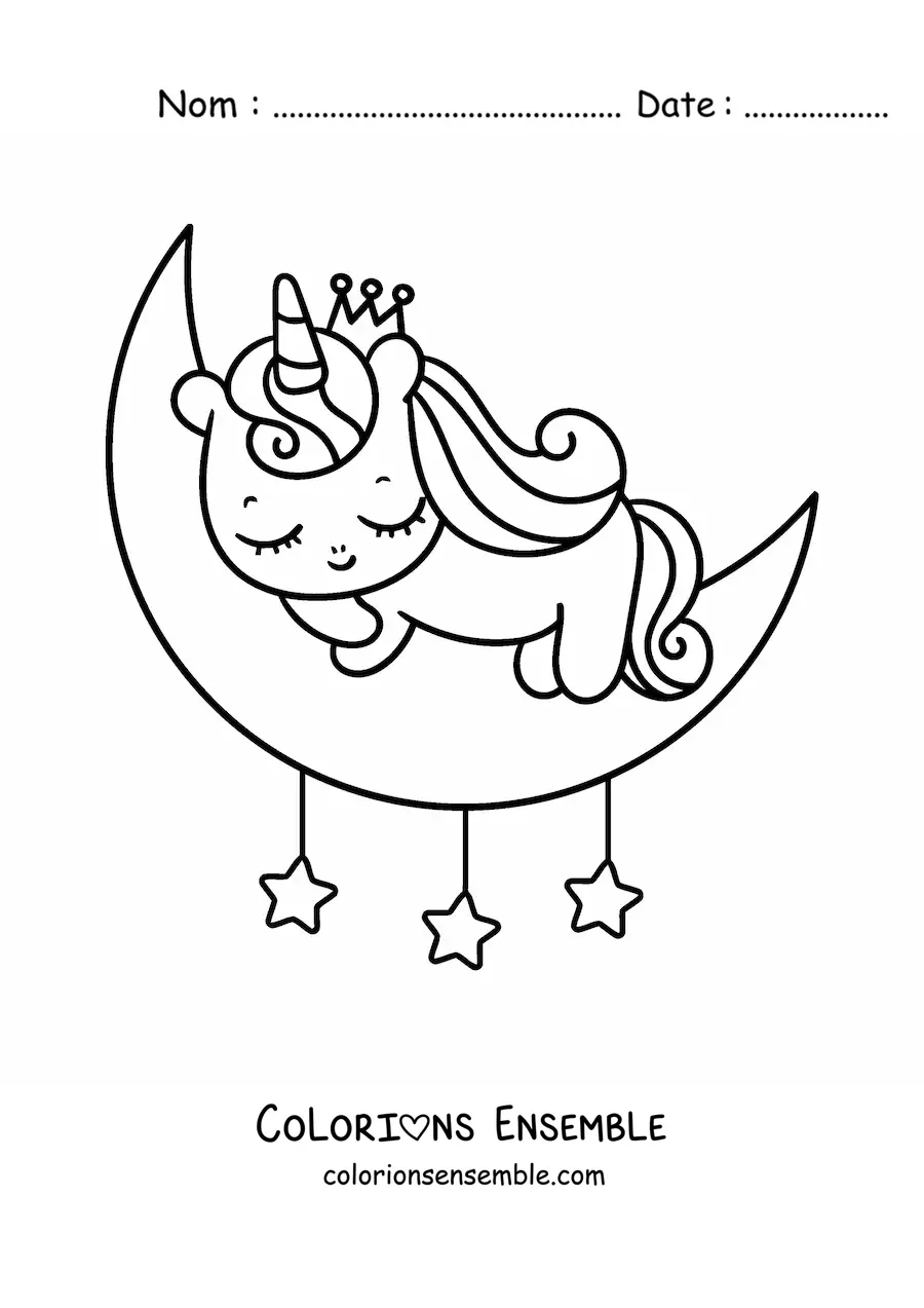 Coloriage d'un bébé licorne kawaii qui dort sur la lune