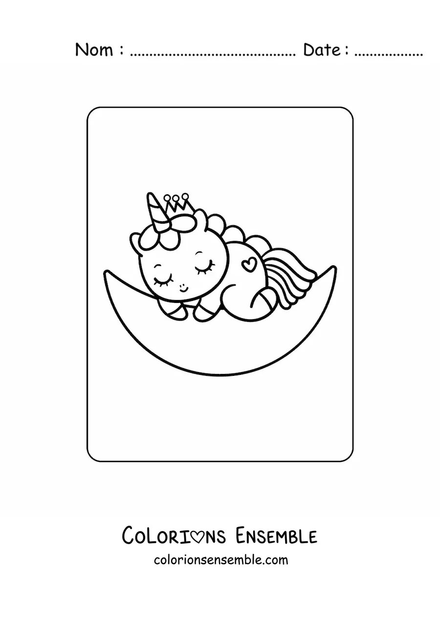 Coloriage facile d'un bébé licorne kawaii qui dort sur la lune