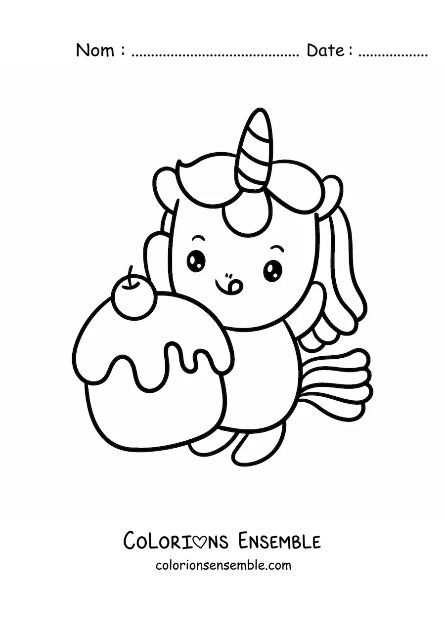 Coloriage facile d'une licorne kawaii avec un grand cupcake