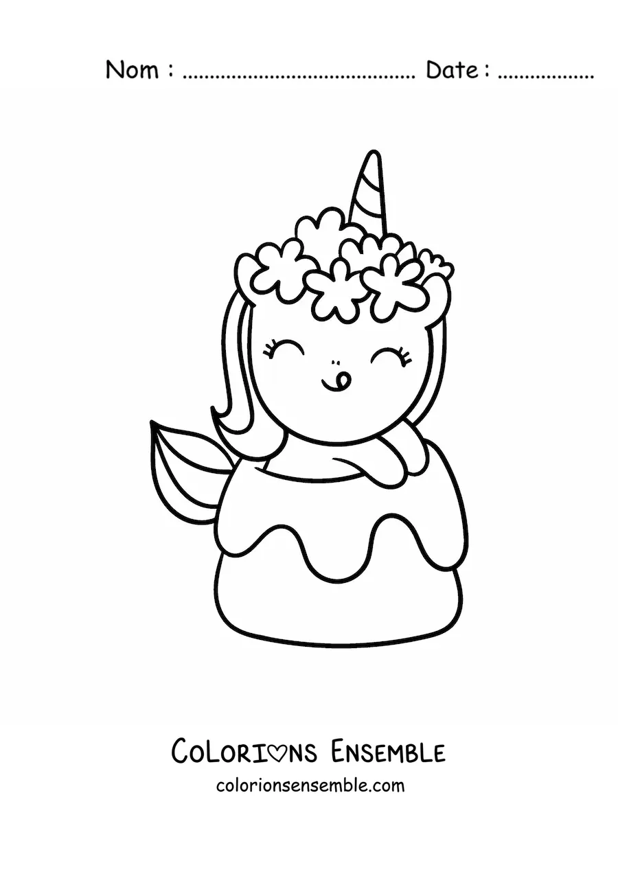 Coloriage facile d'une licorne kawaii avec un bonbon géant