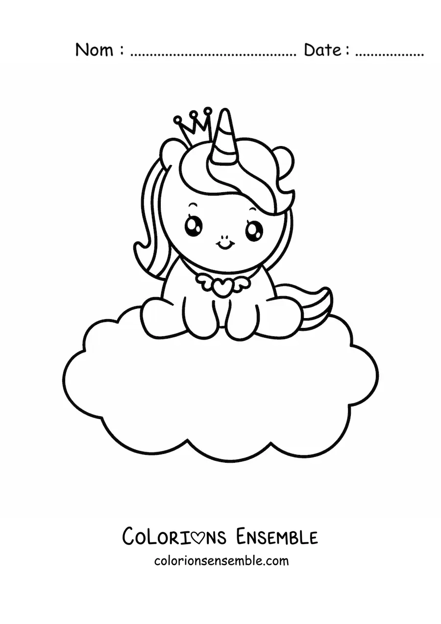 Coloriage d'une princesse licorne sur un nuage