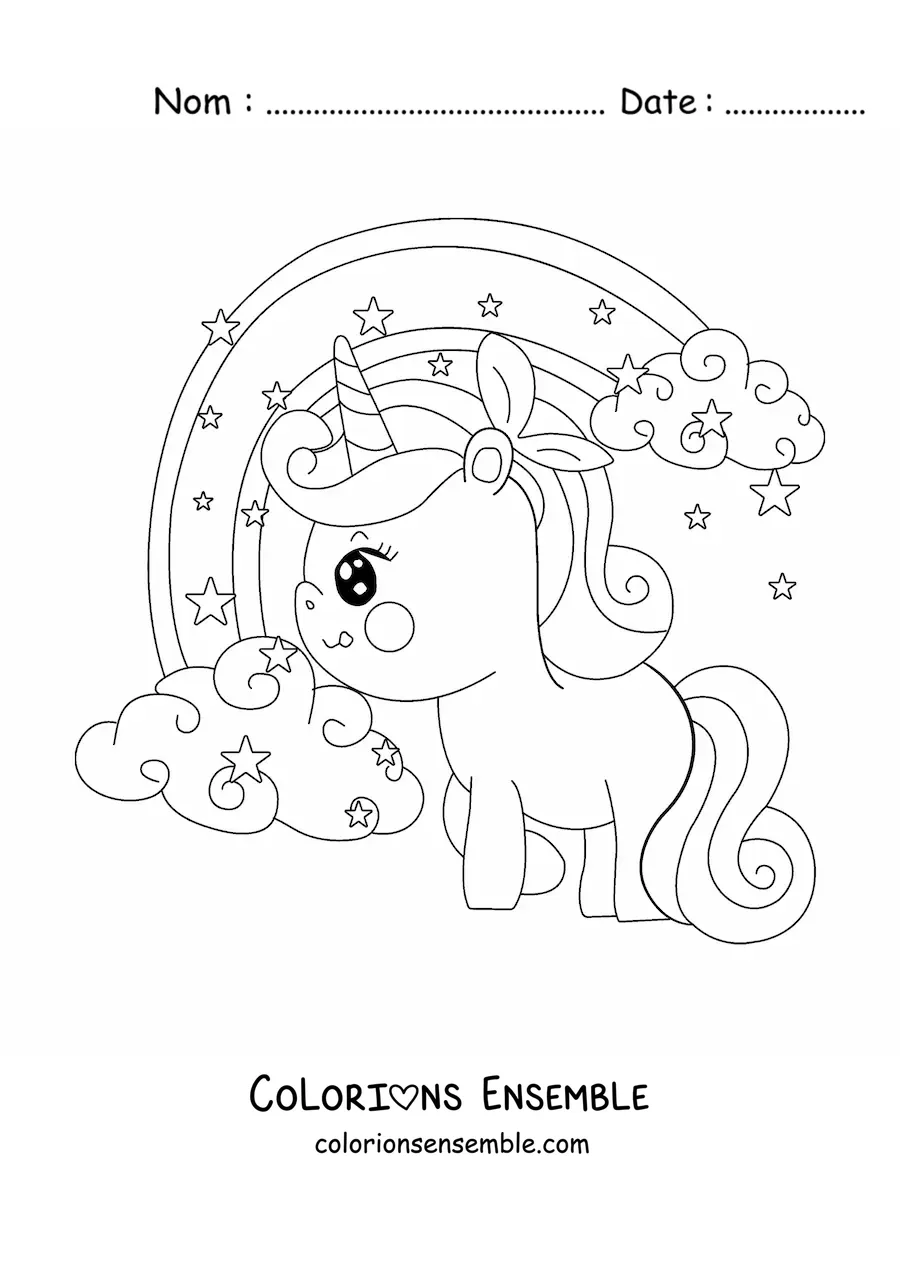 Coloriage d'une licorne kawaii aux grands yeux à côté d'un arc-en-ciel