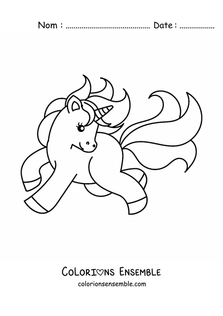 Coloriage d'une licorne kawaii au galop