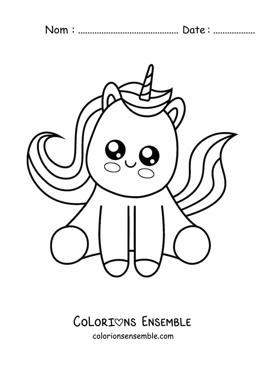 Coloriage facile d'une licorne kawaii assise