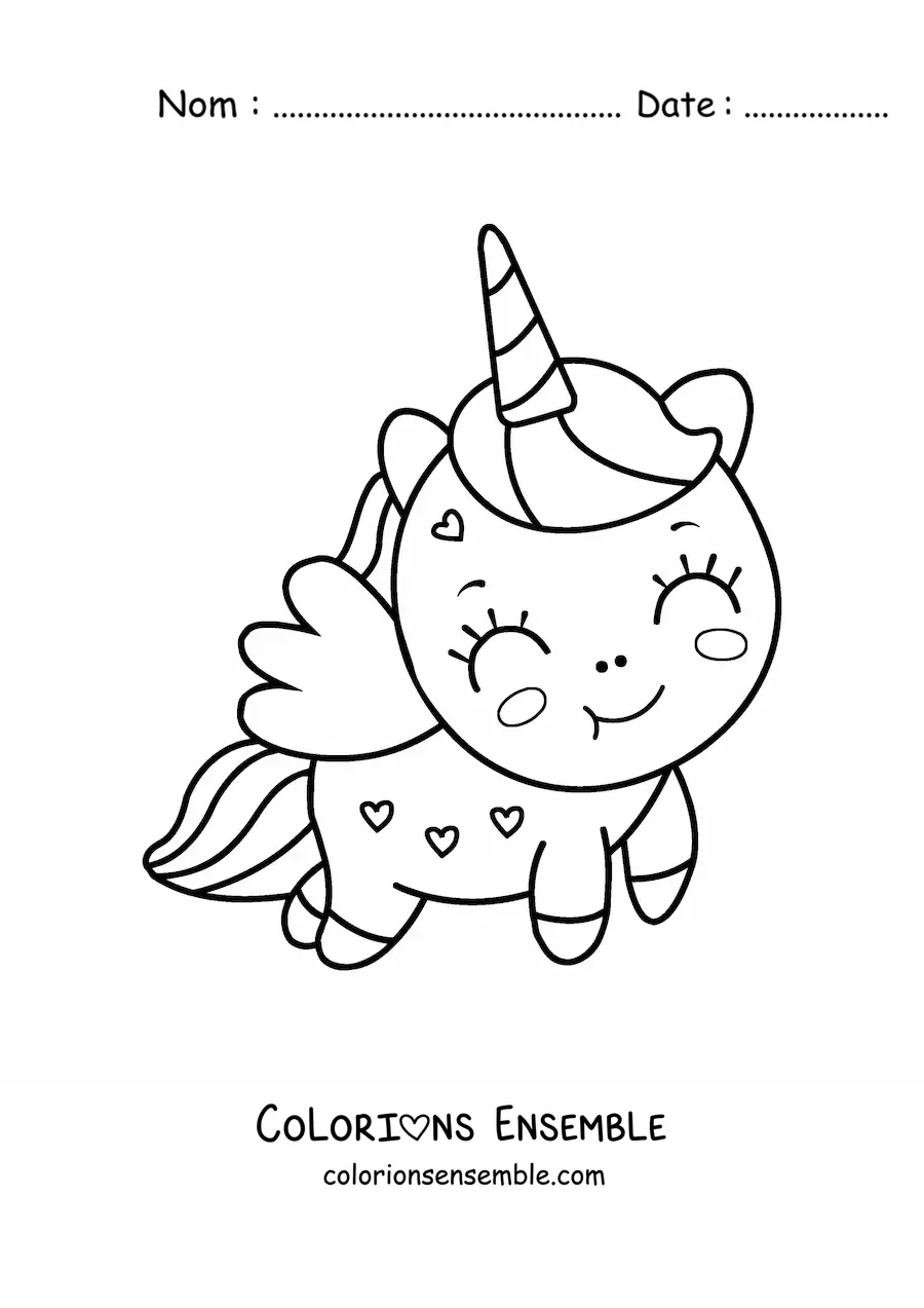 Coloriage facile d'une licorne kawaii avec des ailes