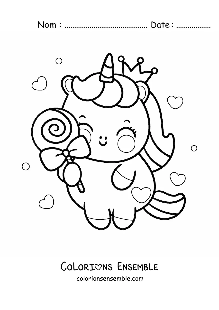 Coloriage d'une licorne kawaii avec un bonbon et des cœurs