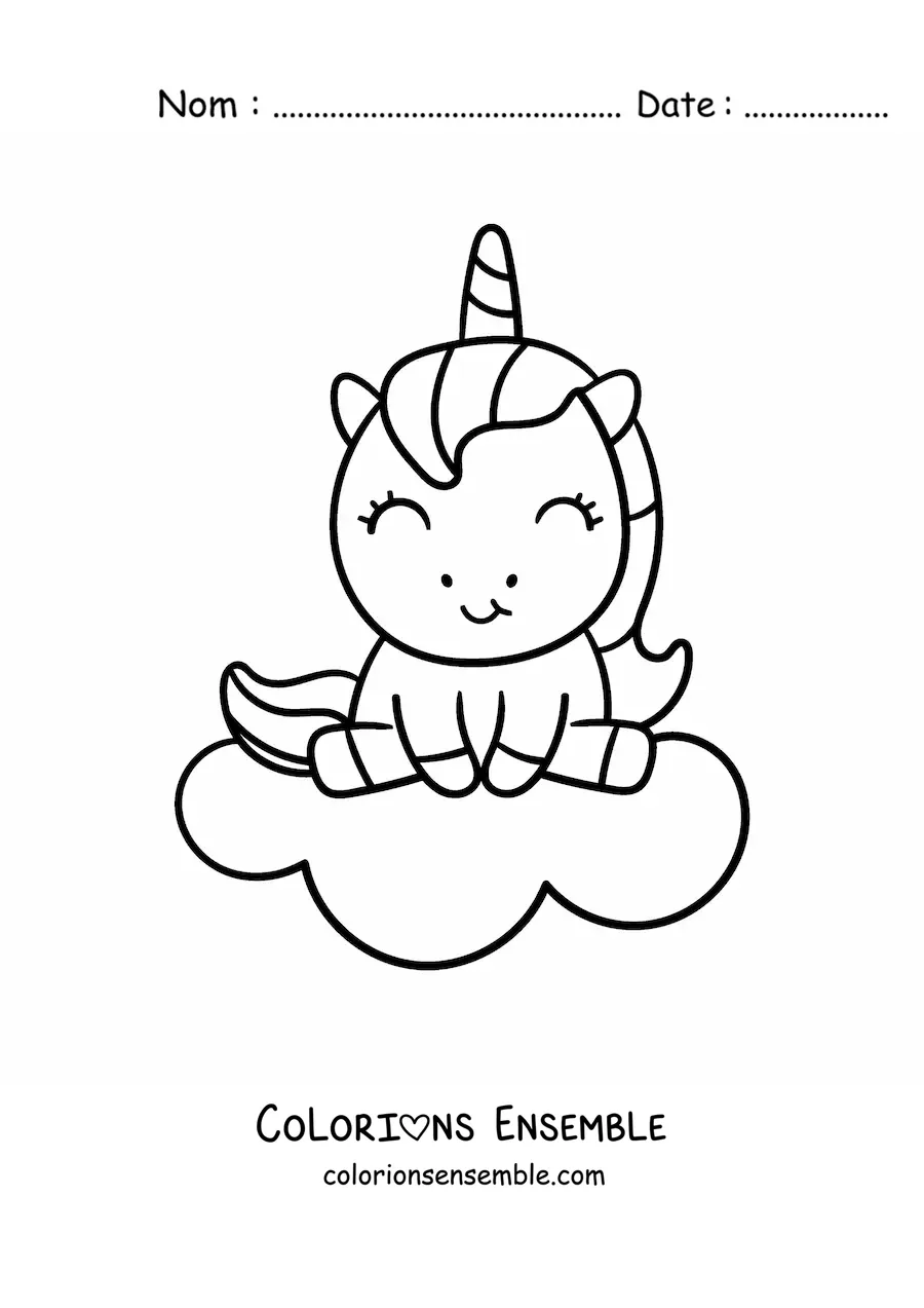 Coloriage d'une licorne kawaii assise sur un nuage