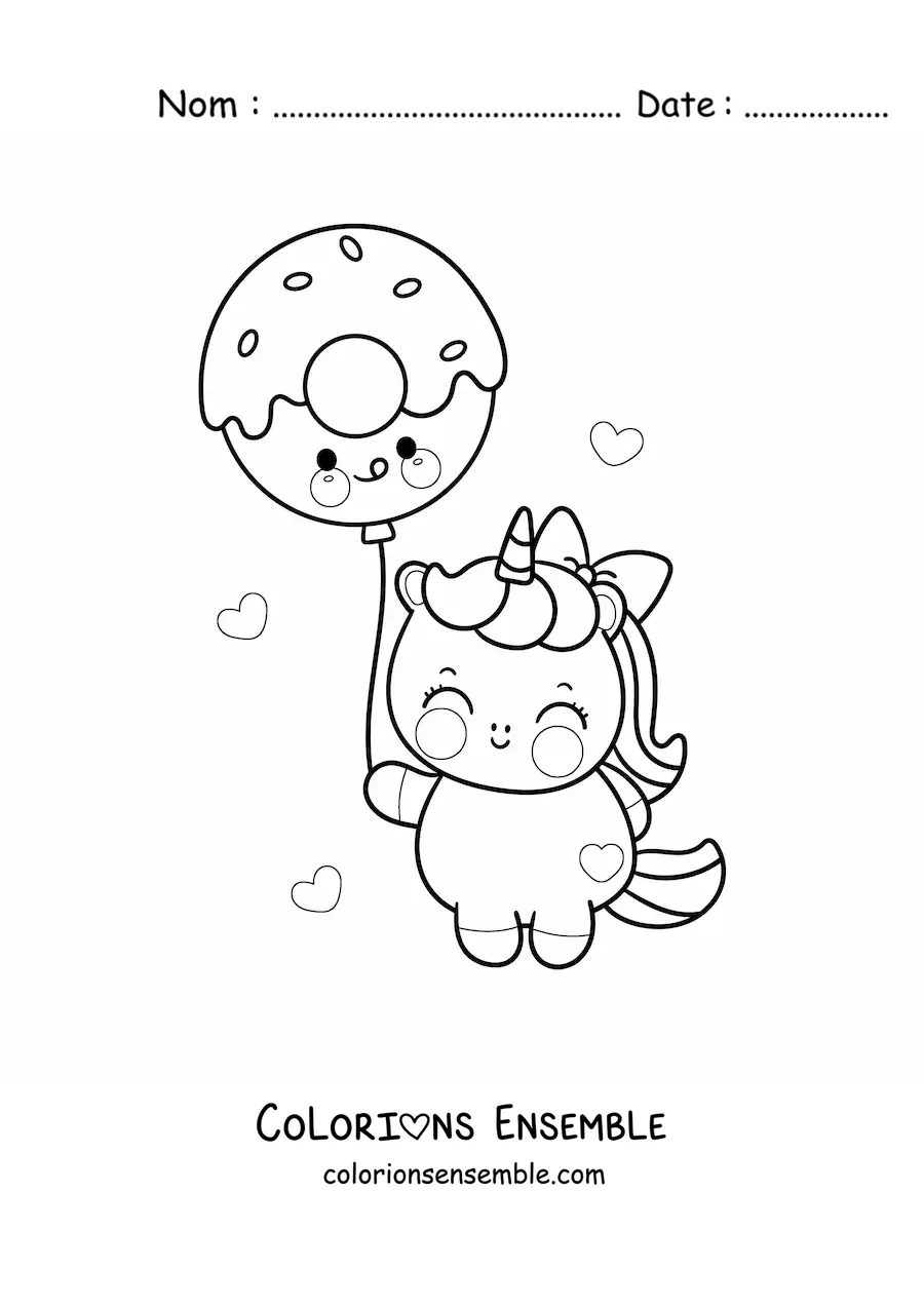 Coloriage d'une licorne kawaii avec un ballon en forme de donut