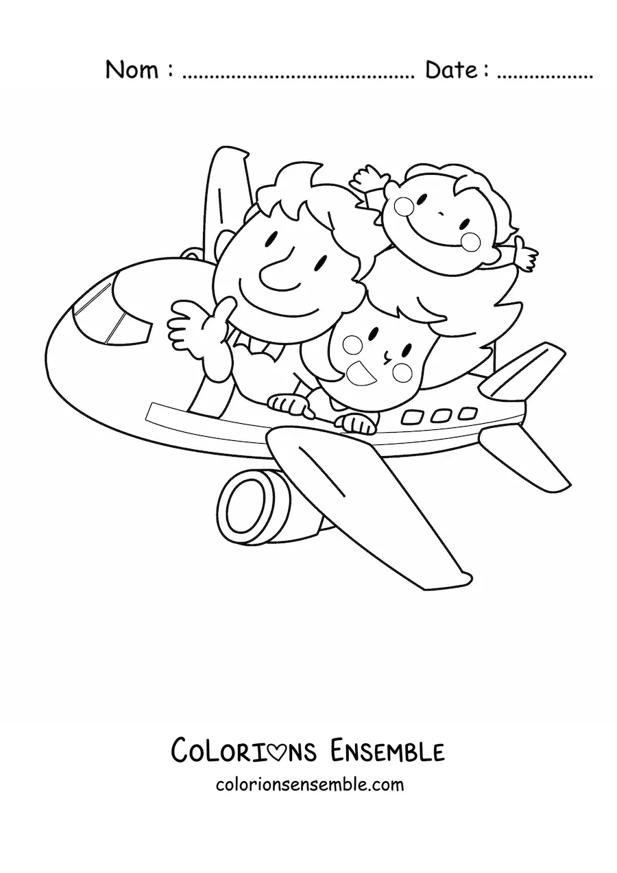 Image à colorier d'une famille qui voyage en avion