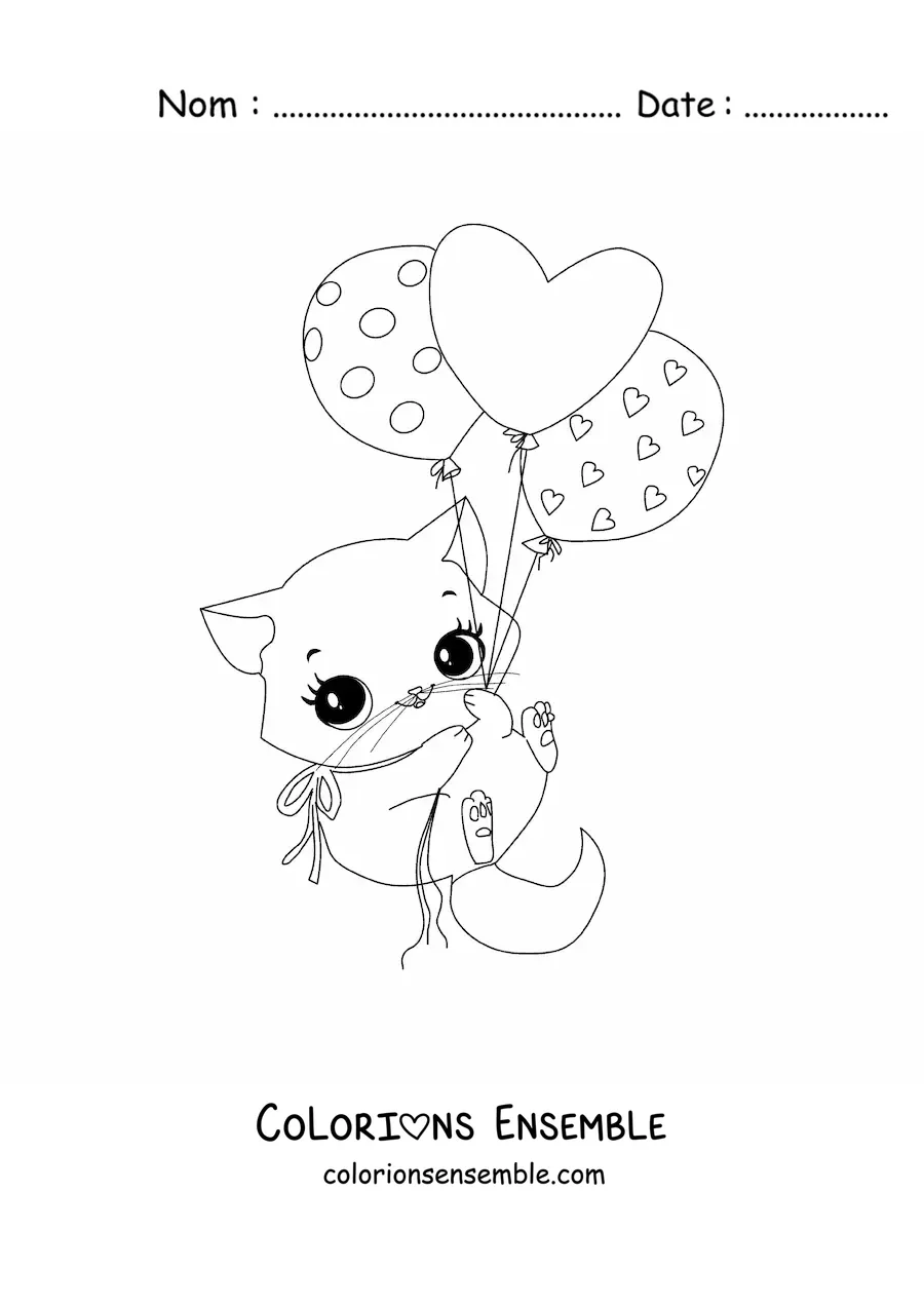 Coloriage d'un chat kawaii avec des ballons en forme de cœur