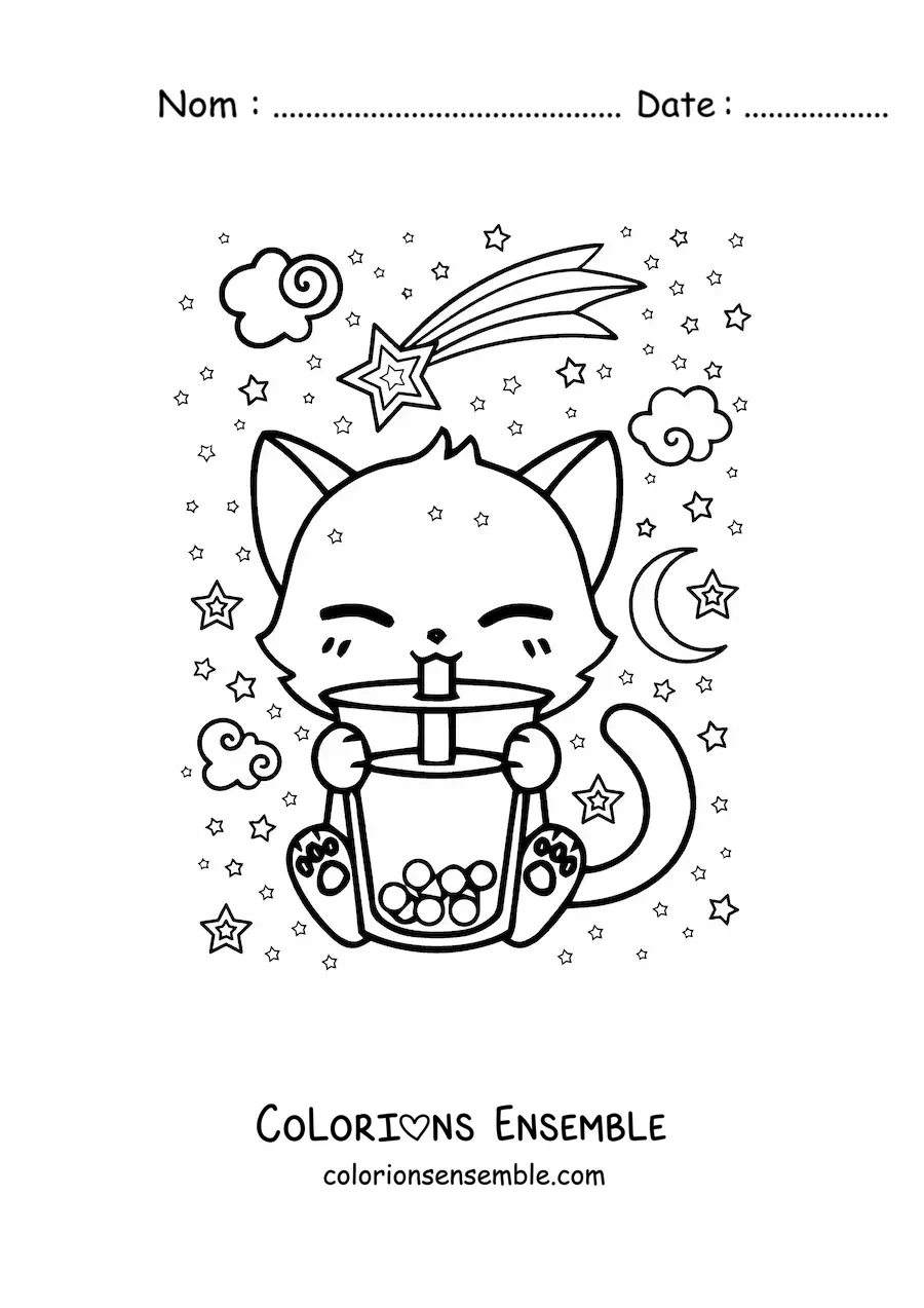 Coloriage d'un chat kawaii qui boit un thé boba