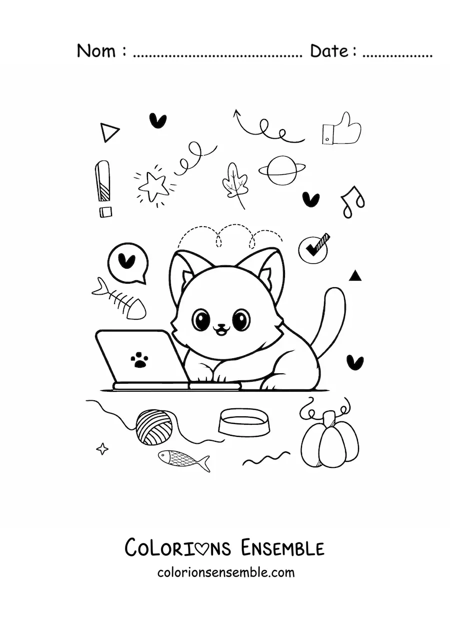 Coloriage d'un chat kawaii sur un ordinateur portable