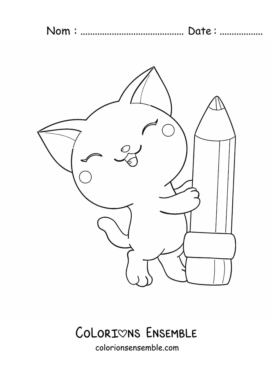 Coloriage d'un chat kawaii avec un crayon d'école