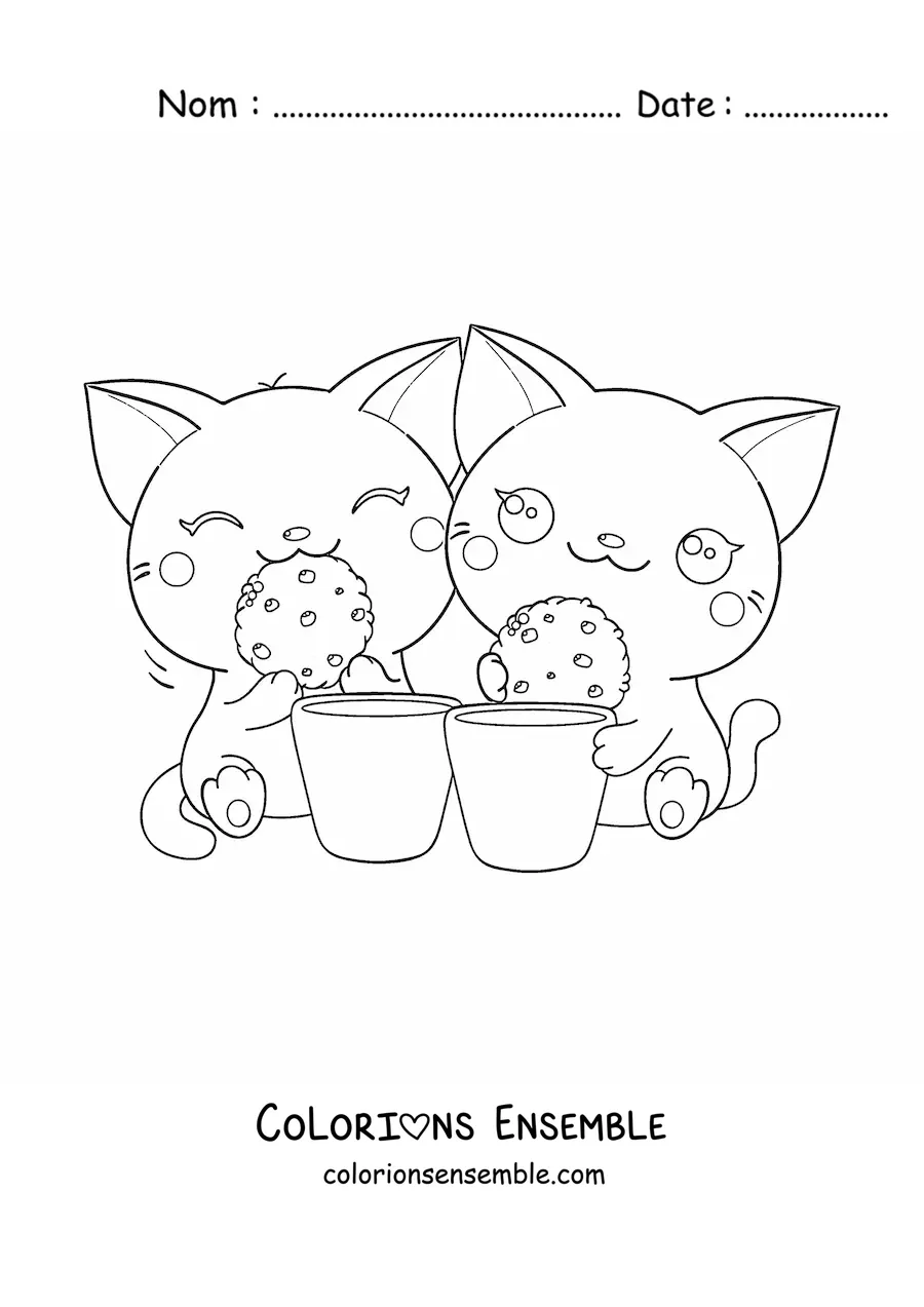 Coloriage d'un couple de chats kawaii qui mangent des biscuits avec du lait