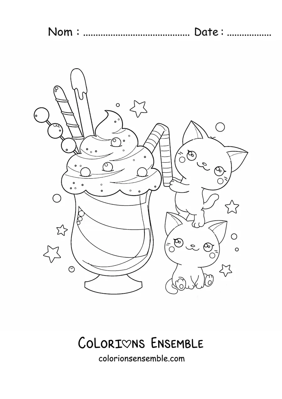 Coloriage d'un couple de chats kawaii qui partagent une glace