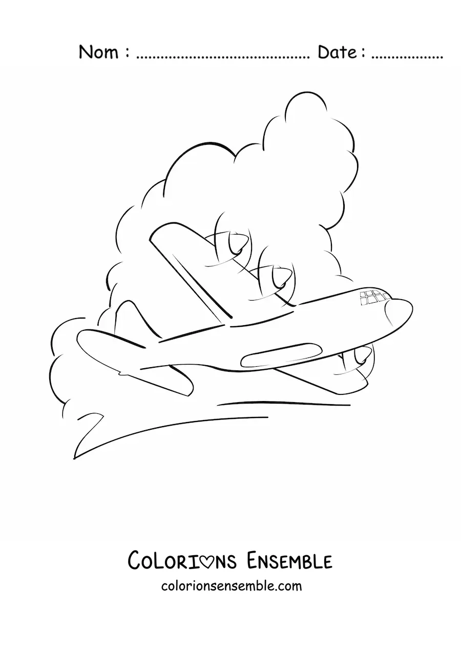 Image à colorier d'un avion qui vole avec des nuages au fond