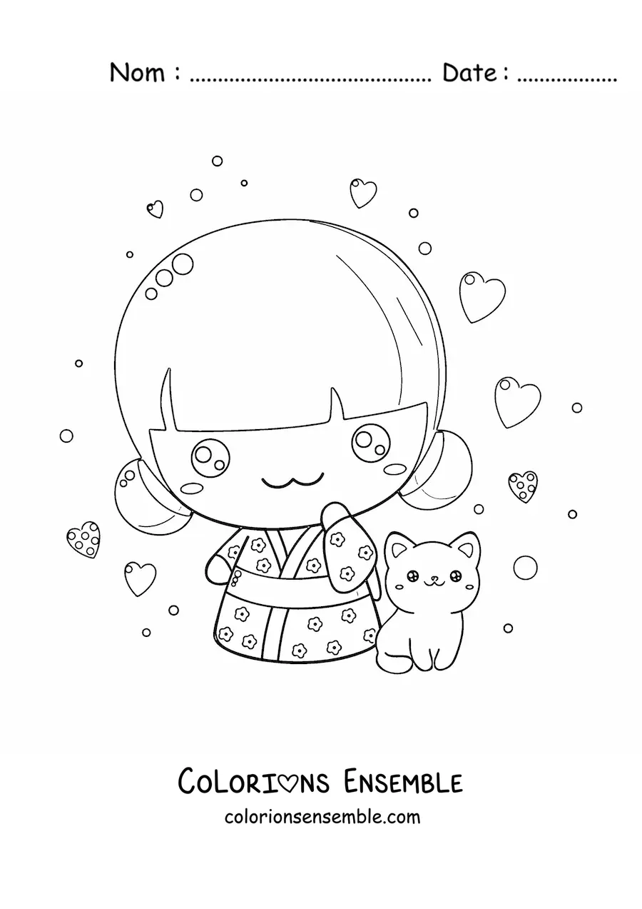 Coloriage d'une fille japonaise chibi avec un chat kawaii