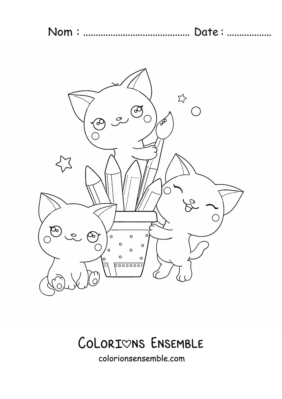 Coloriage de chats kawaii avec des pinceaux et du matériel de dessin