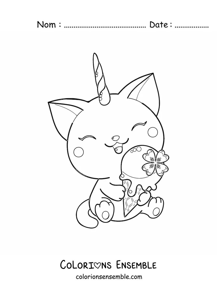 Coloriage d'un chatlicorne kawaii assis en train de manger une glace