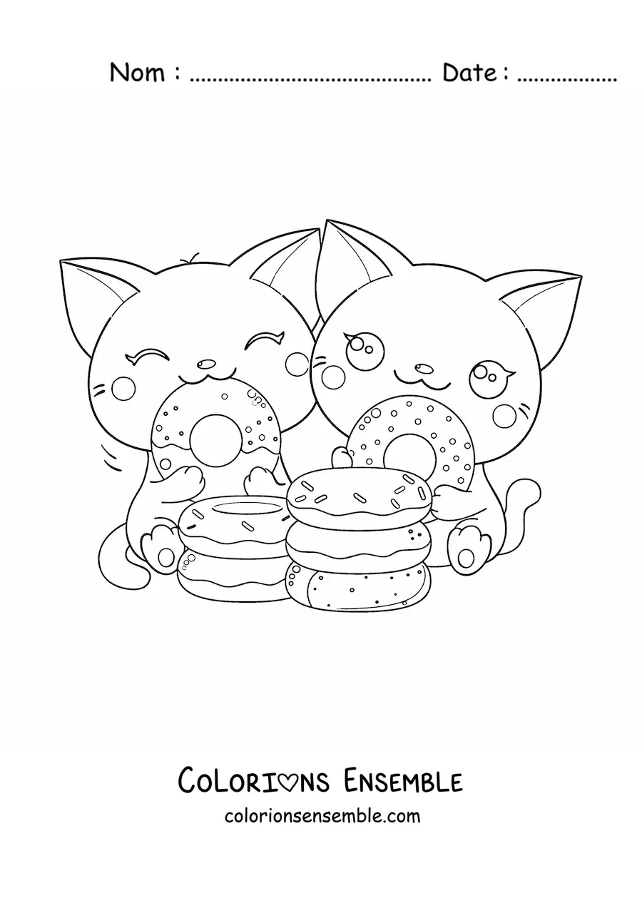 Coloriage d'un couple de chats kawaii qui mangent des donuts