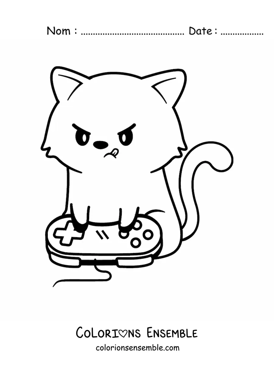 Coloriage d'un chat kawaii qui joue aux jeux vidéo