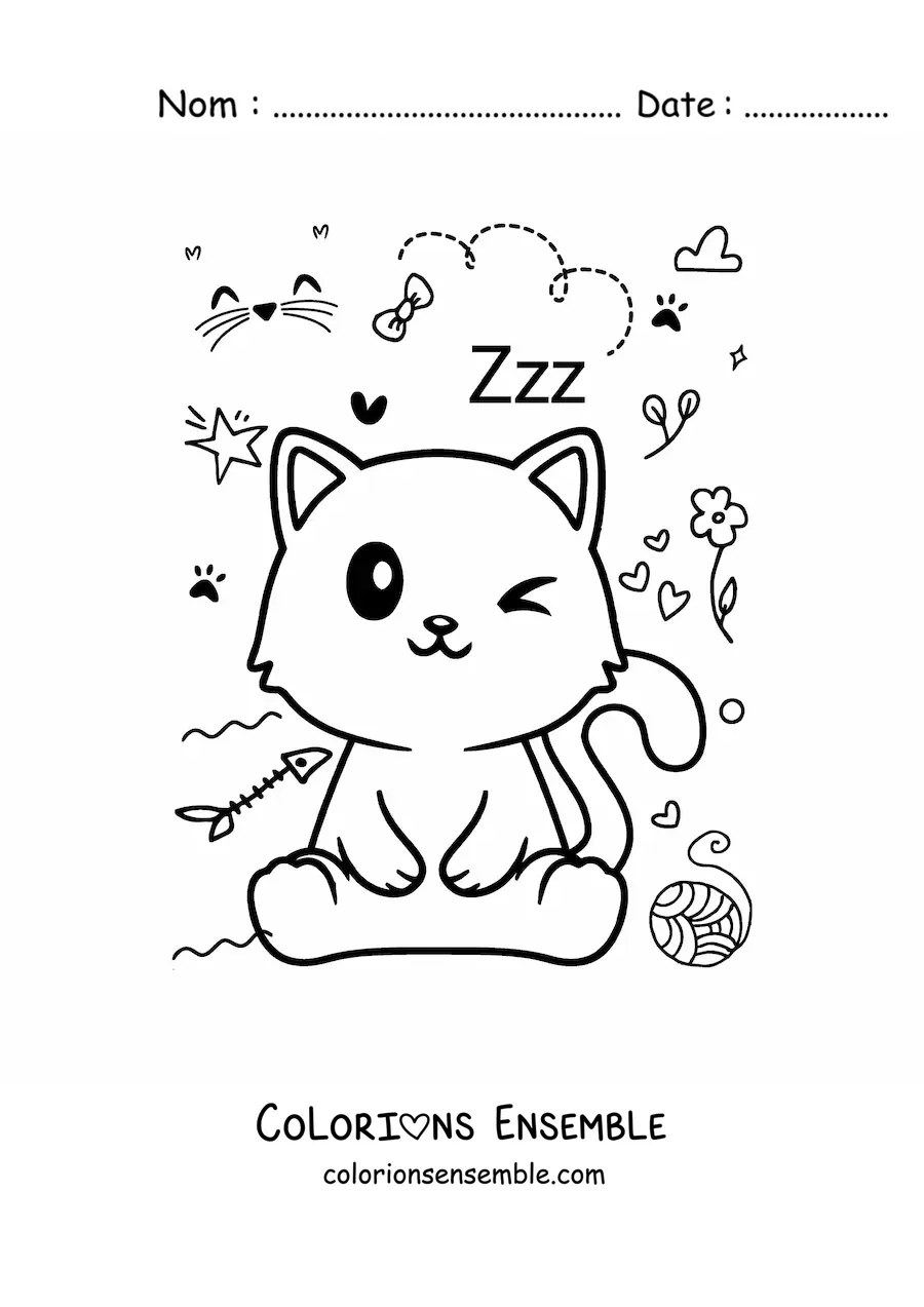 Coloriage d'un chat kawaii assis avec une pelote de laine