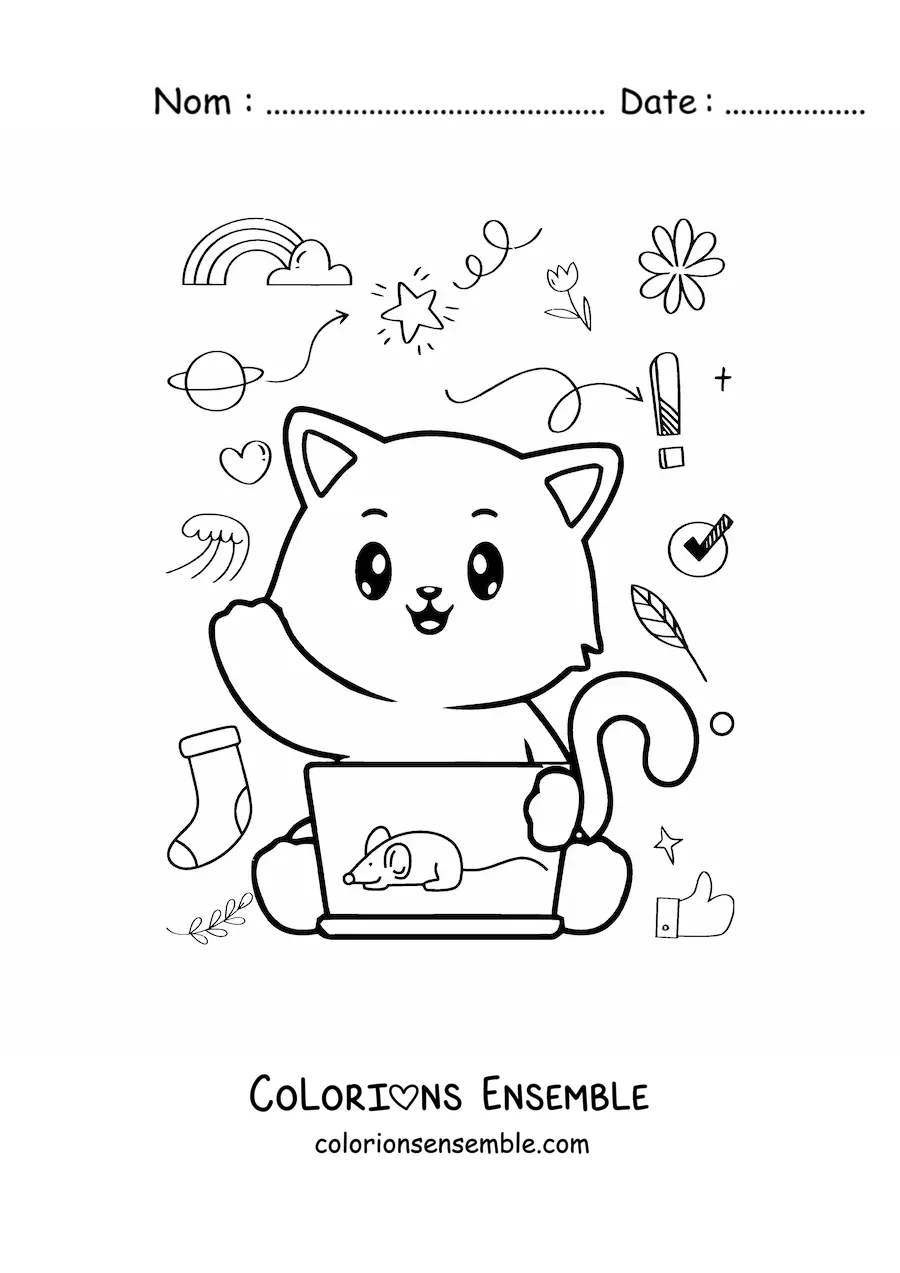 Coloriage d'un chat kawaii qui utilise l'ordinateur