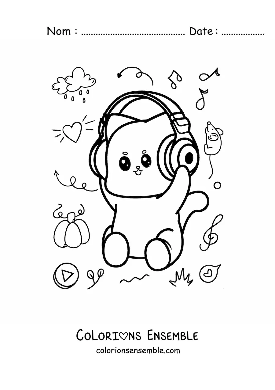 Coloriage d'un chat kawaii qui écoute de la musique avec un casque