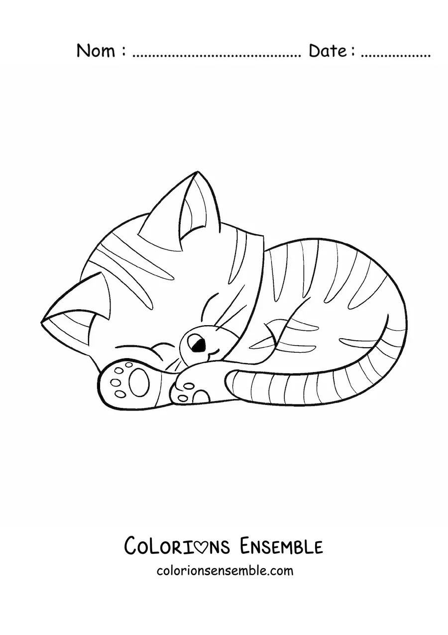 Coloriage d'un chat kawaii rayé qui dort