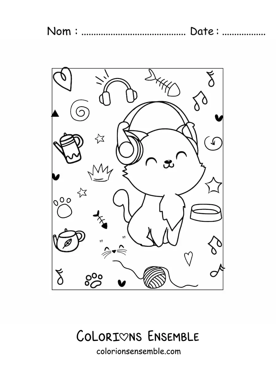 Coloriage d'un chat kawaii assis avec un casque