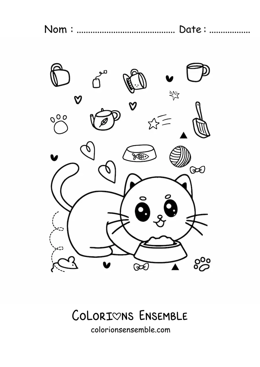 Coloriage d'un chat kawaii qui mange dans sa gamelle