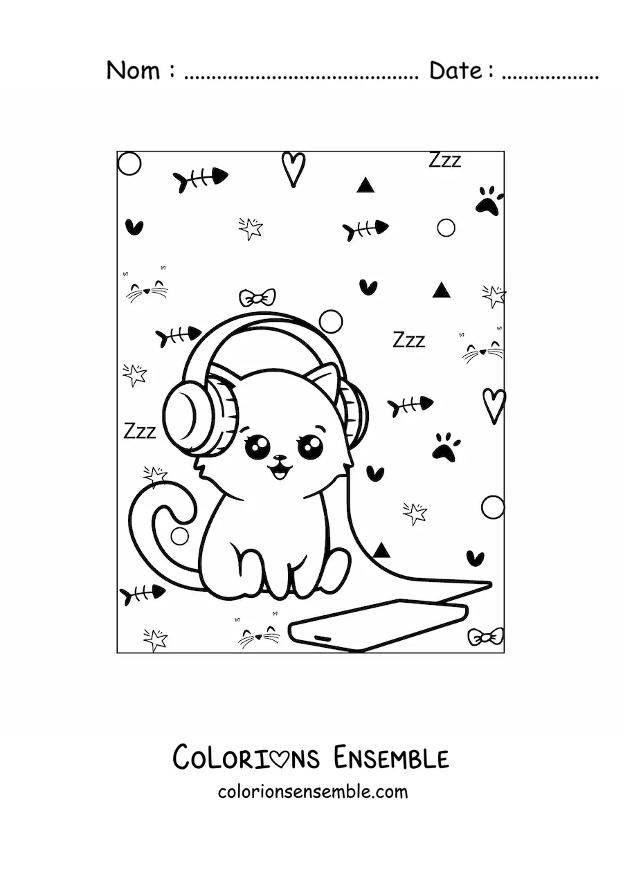 Coloriage d'un chat kawaii qui écoute de la musique sur le téléphone