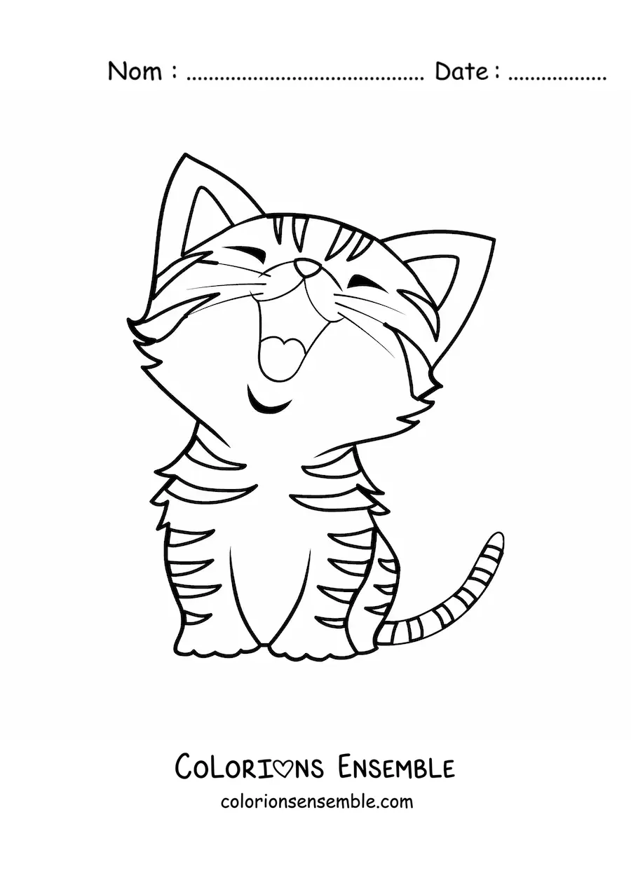 Coloriage d'un chaton kawaii rayé qui bâille