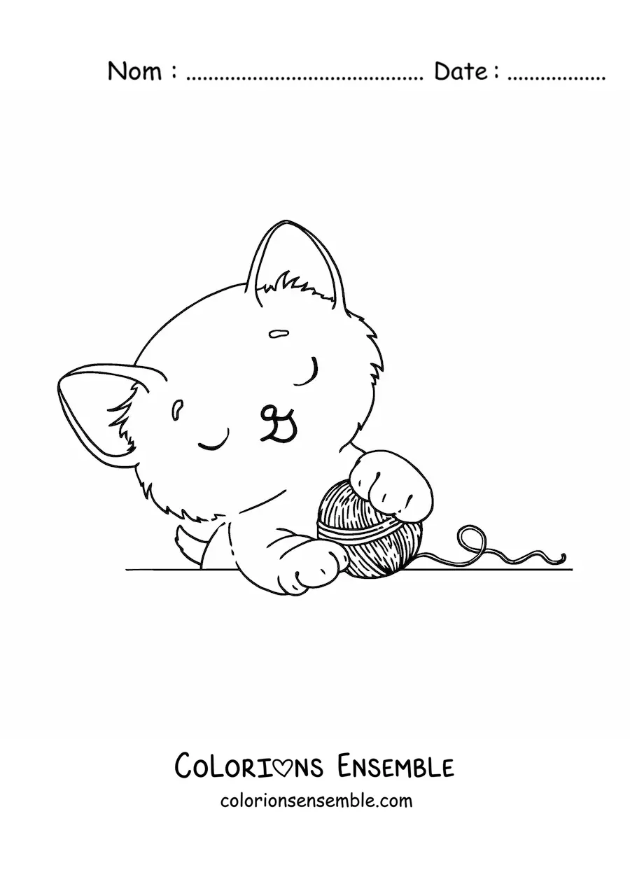 Coloriage d'un chaton kawaii qui joue avec de la laine