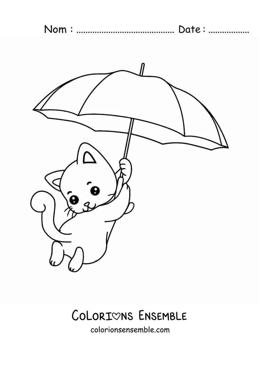Coloriage d'un chaton kawaii qui flotte avec un parapluie