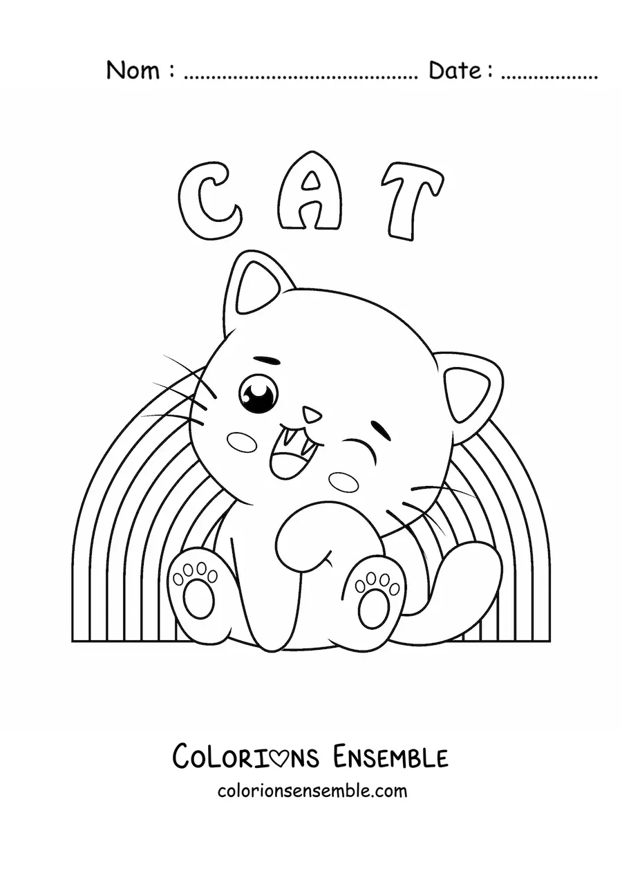 Coloriage d'un chaton kawaii avec un arc-en-ciel