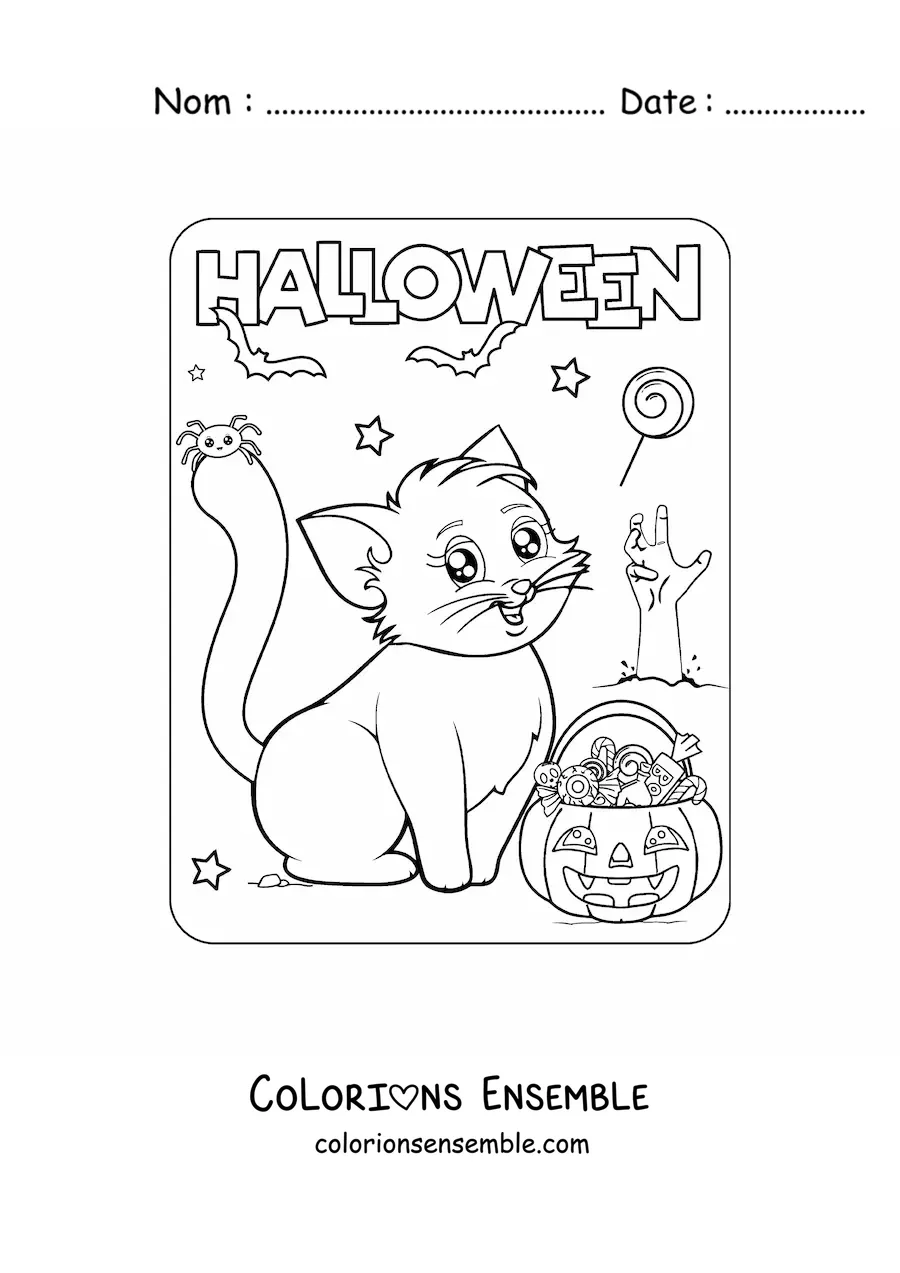 Coloriage d'un chaton kawaii pour Halloween avec une citrouille