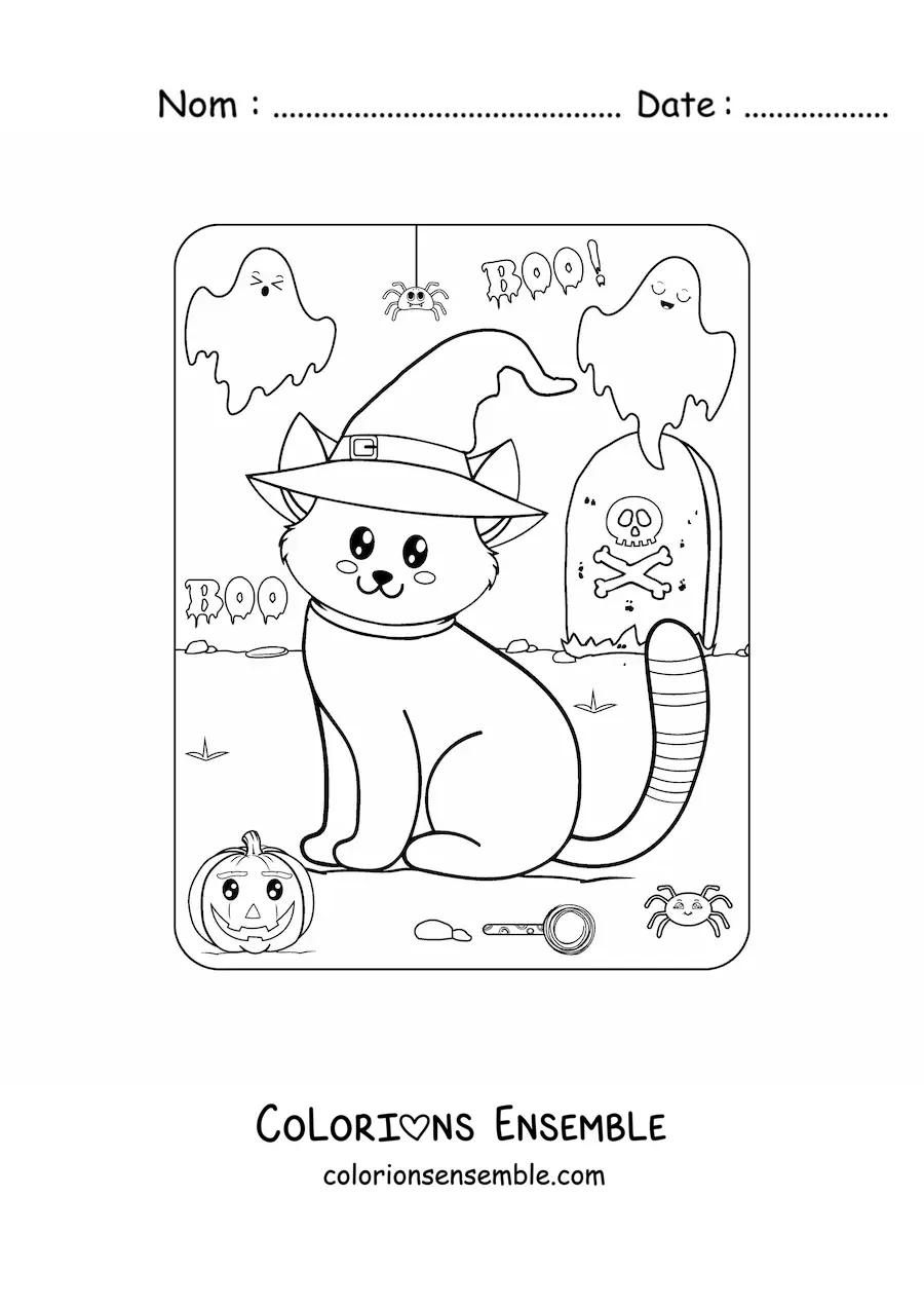 Coloriage d'un chaton kawaii pour Halloween avec un chapeau de sorcière