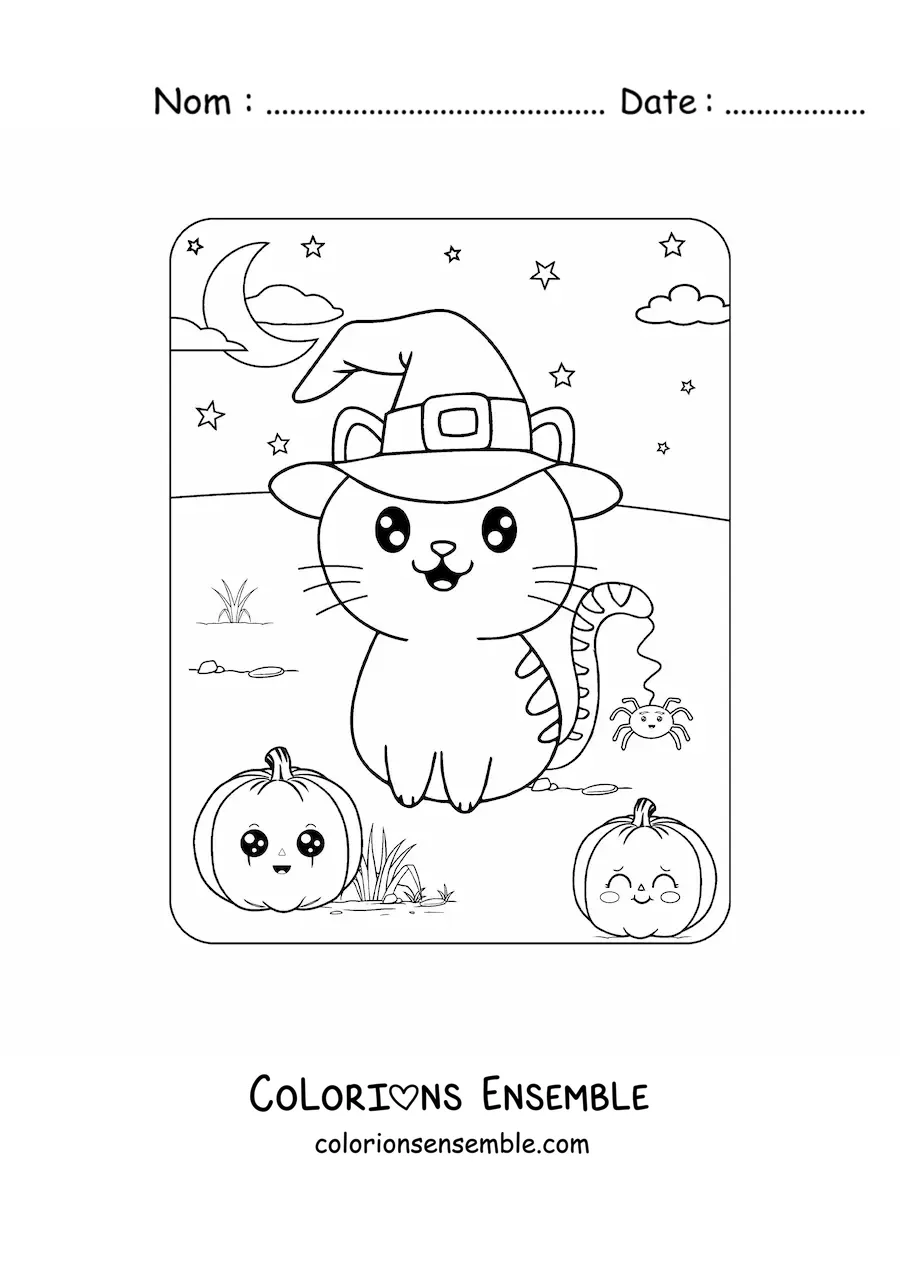 Coloriage d'un chaton kawaii pour Halloween avec un chapeau de sorcière et des citrouilles