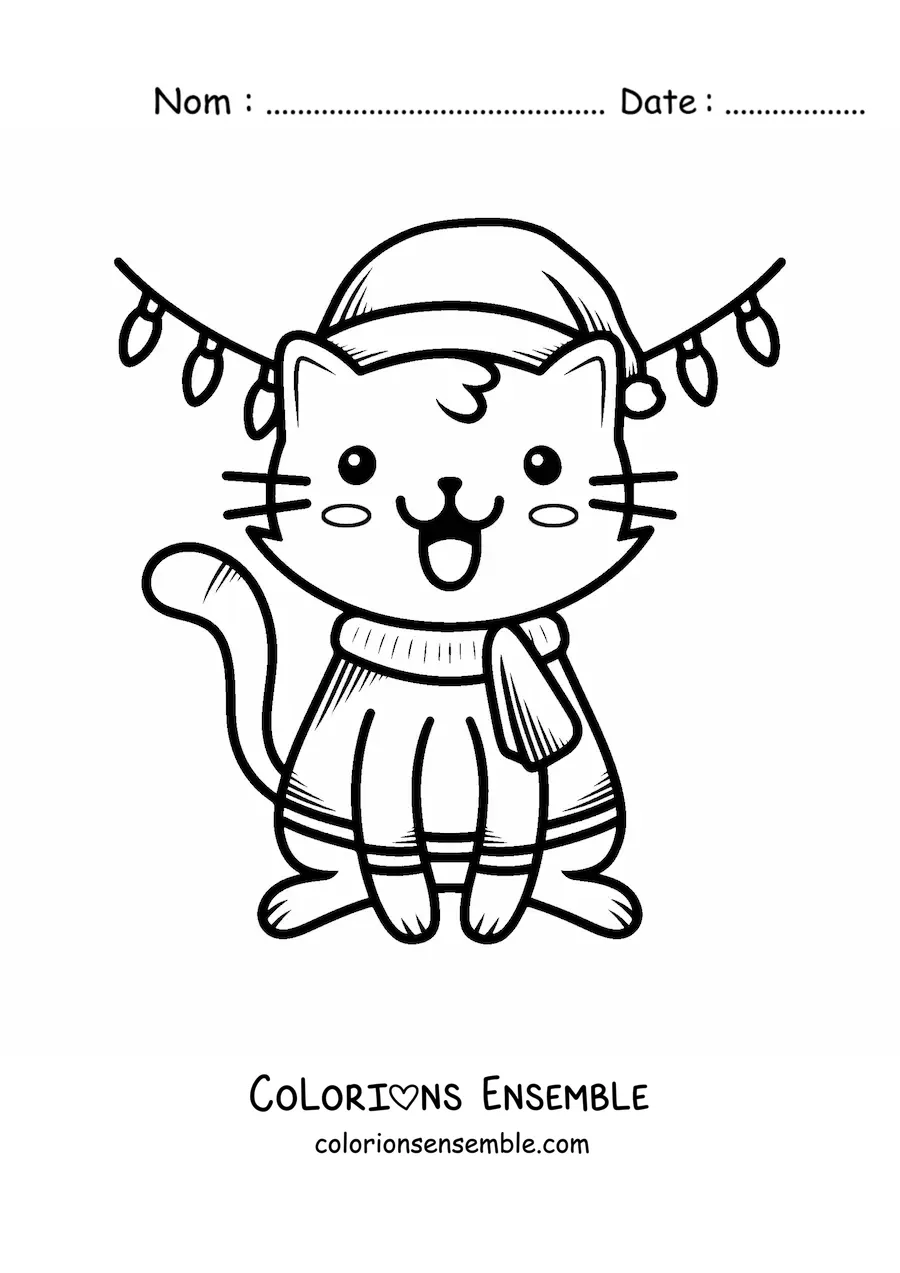 Coloriage d'un chaton kawaii à Noël avec des vêtements chauds