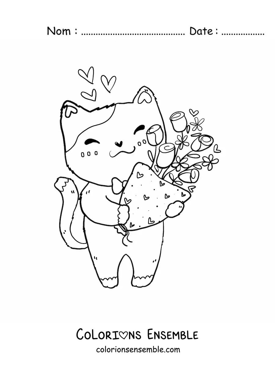 Coloriage d'un chaton kawaii pour la Saint-Valentin avec un bouquet de fleurs