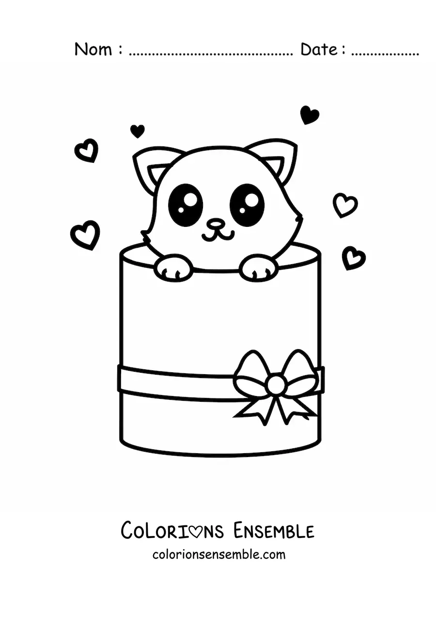 Coloriage d'un chaton kawaii qui sort d'une boîte cadeau