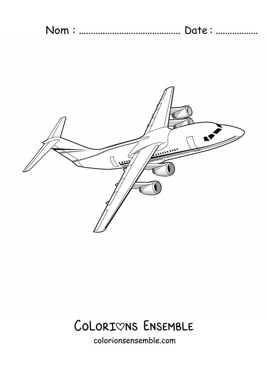 Image à colorier d'un avion de ligne qui vole de côté