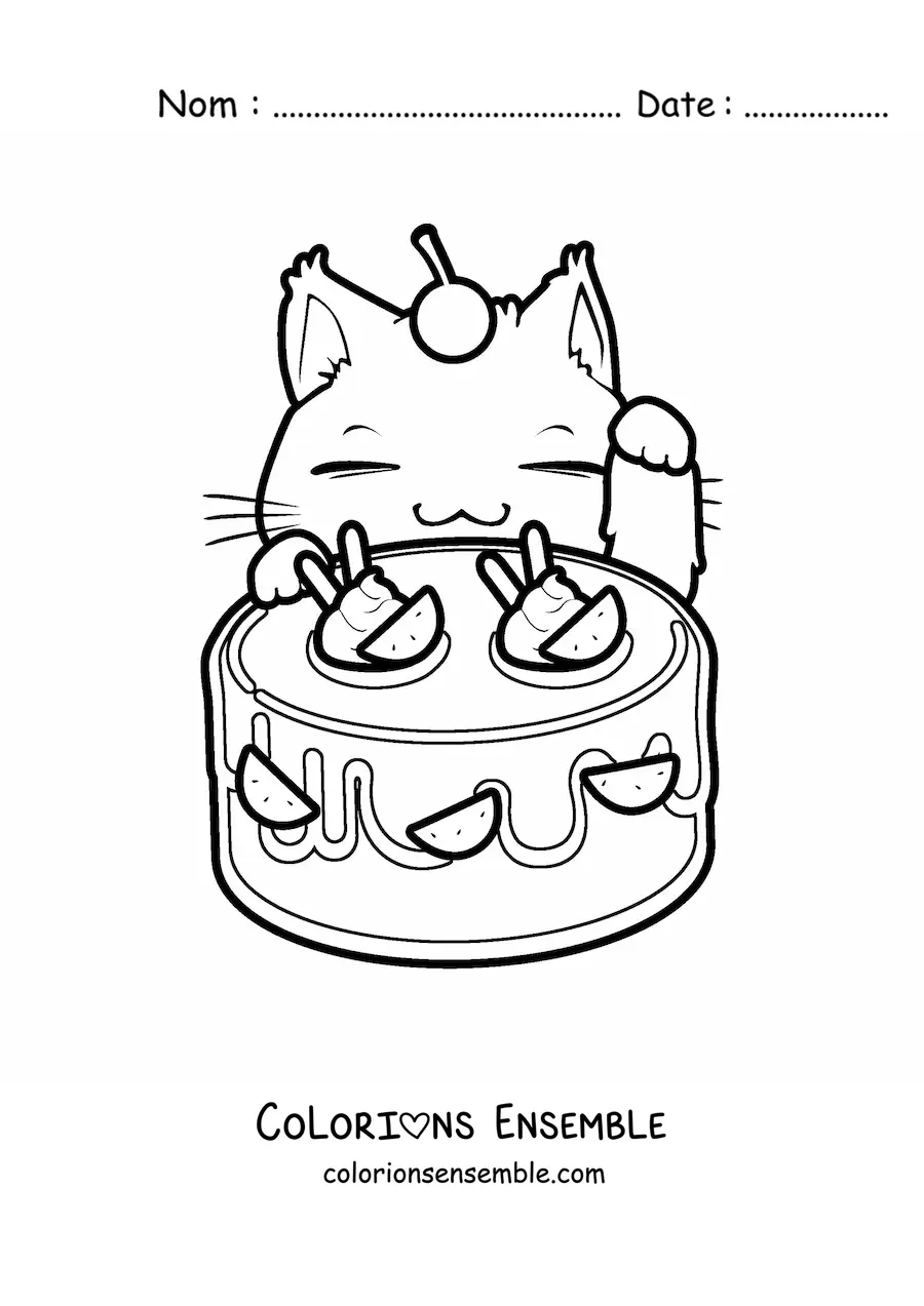 Coloriage d'un chaton kawaii avec un gâteau aux fruits