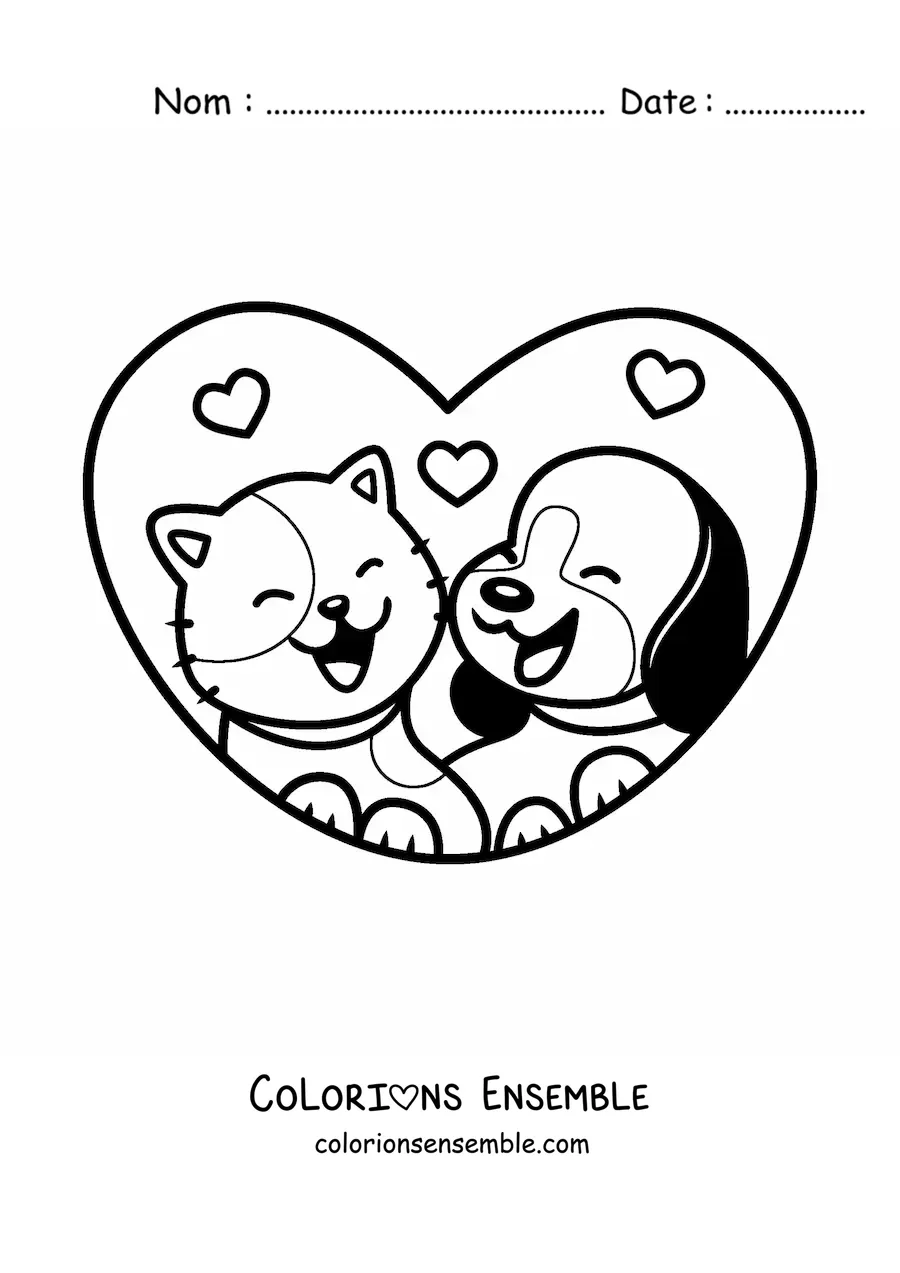 Coloriage d'un couple kawaii formé d'un chien et d'un chat avec des cœurs
