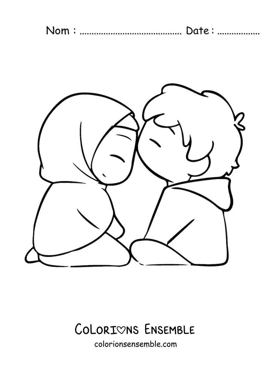 Coloriage d'un couple kawaii avec une fille qui porte un hijab