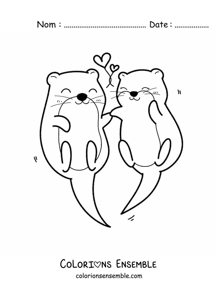 Coloriage d'un couple de loutres kawaii avec des cœurs