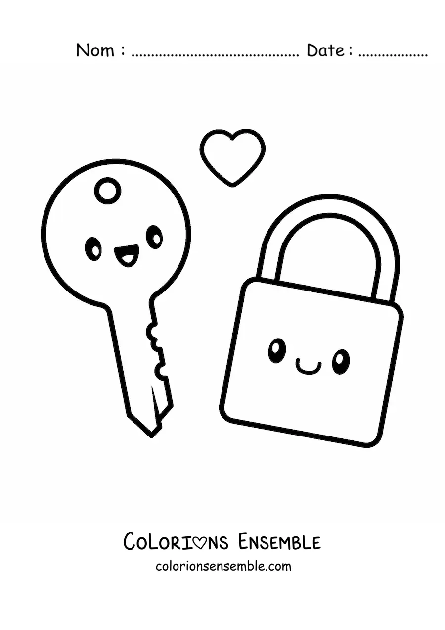 Coloriage d'un couple kawaii formé d'une clé et d'un cadenas