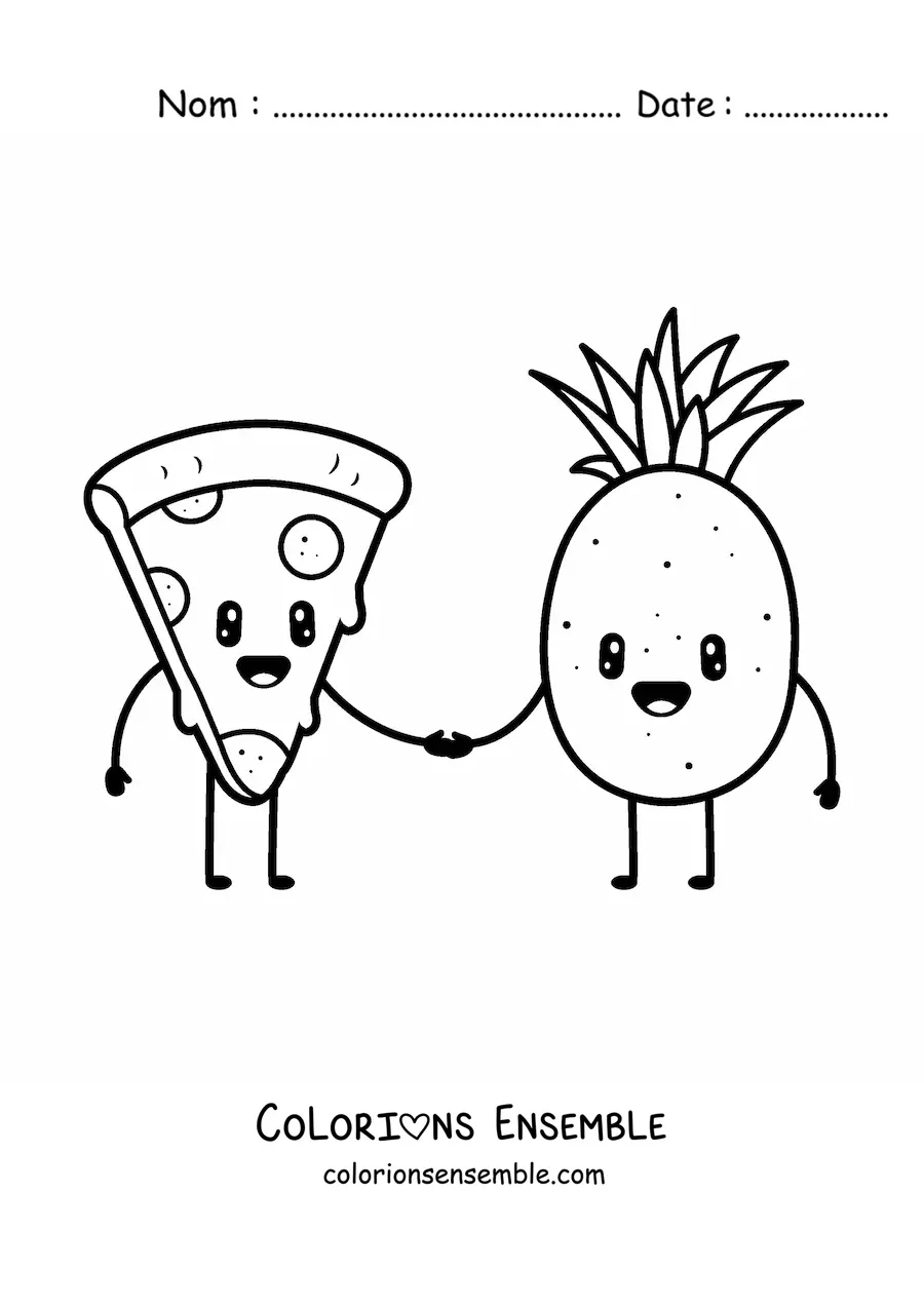Coloriage d'un couple kawaii formé d'une pizza et d'un ananas