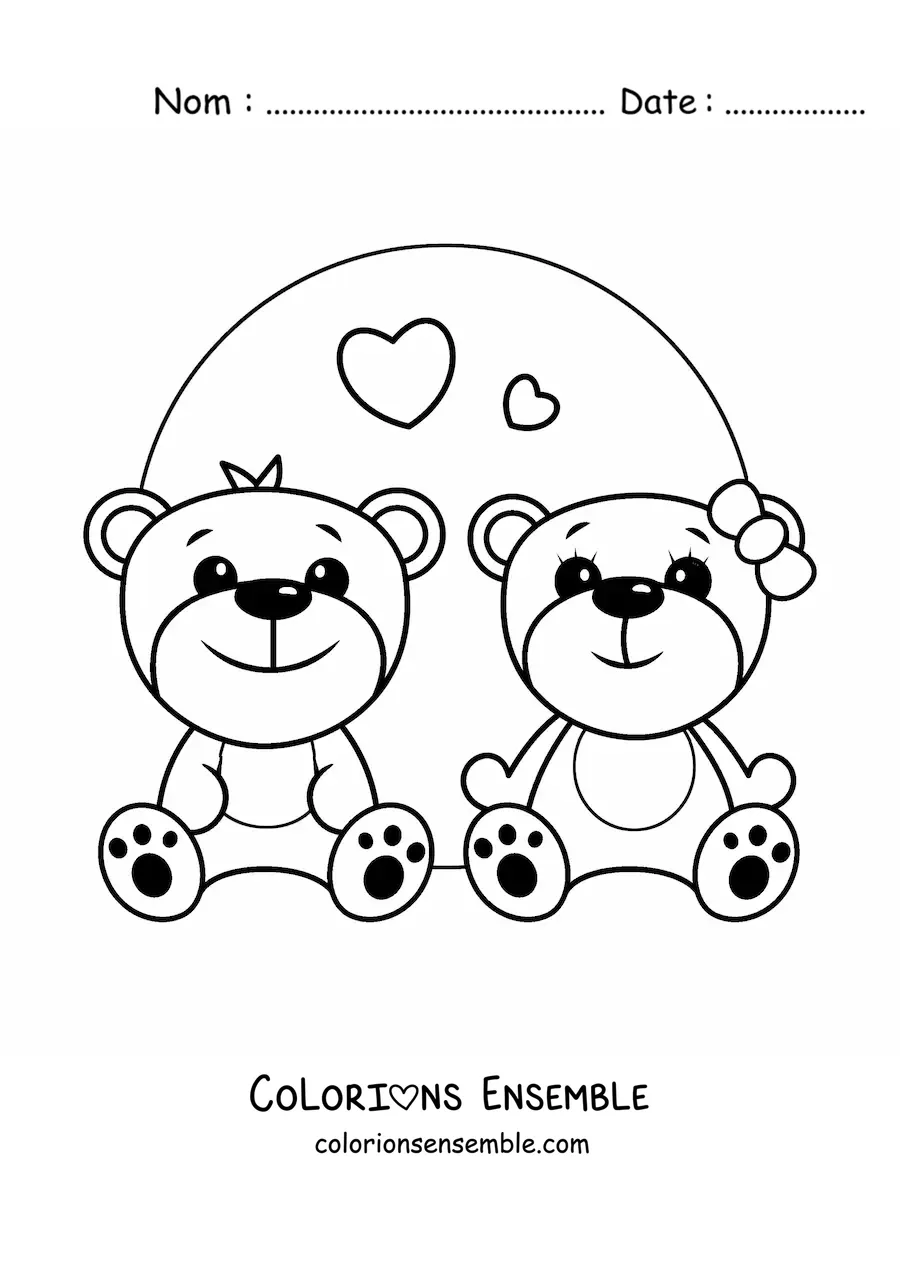 Coloriage d'un couple d'oursons kawaii avec des cœurs